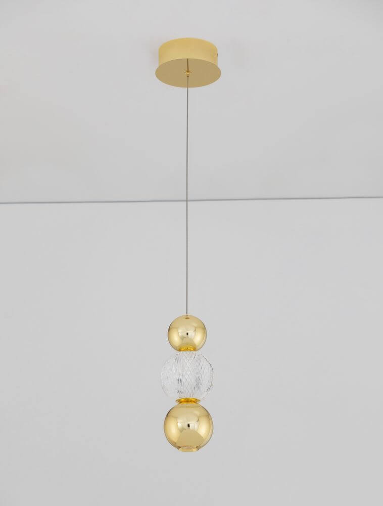 Brille LED Pendelleuchte Ø 14cm 3200K Gold in modernem Design mit goldenen Elementen.