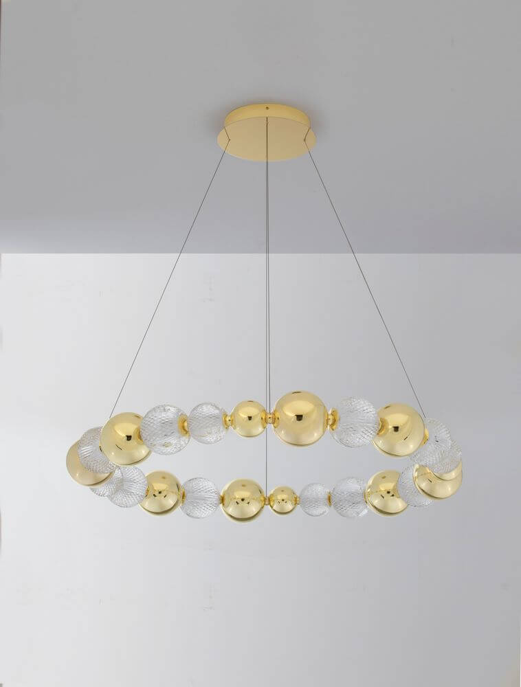 Brille LED Pendelleuchte 12-flammig Ø 94cm 3200K Gold mit goldenen und gläsernen Kugeln, modern und elegant.