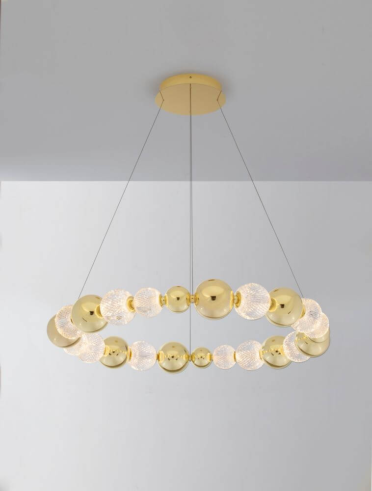 Brille LED Pendelleuchte 12-flammig Ø 94cm 3200K Gold – elegante Deckenleuchte mit Glaskugeln und goldfarbenem Design.