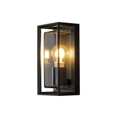 Brindisi Vintage Außen Wandleuchte aus Metall in Schwarz mit transparentem Glas und E27 Fassung.
