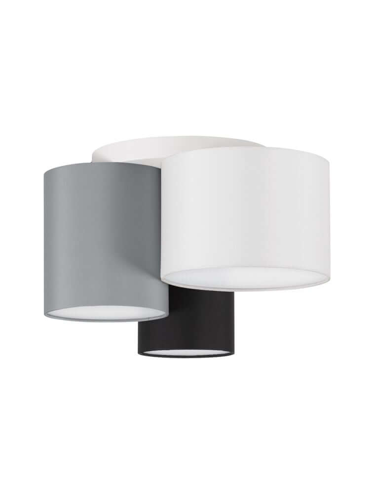 Bryson Deckenleuchte 3-flammig Ø 35cm Schwarz, Weiß, Grau – moderne Deckenlampe mit drei Textilschirmen in Schwarz, Weiß und Grau
