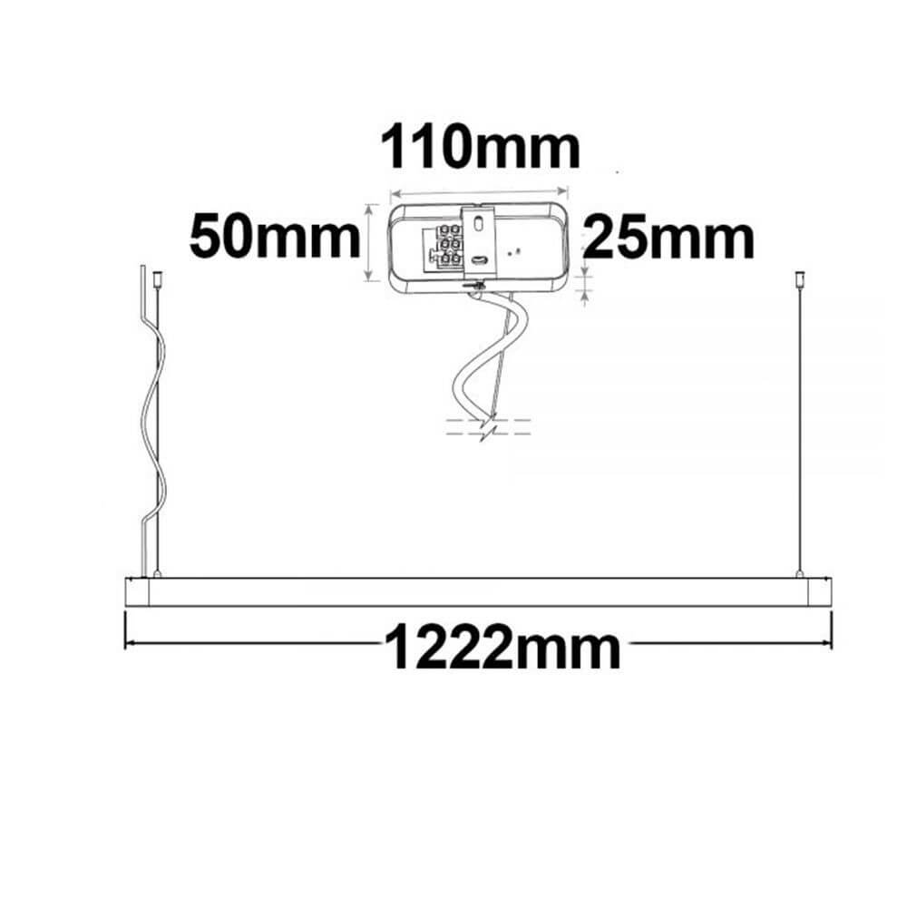 Technische Zeichnung der Büro LED Pendel-Schreibtischleuchte, Abmessungen 1222mm x 110mm x 50mm.