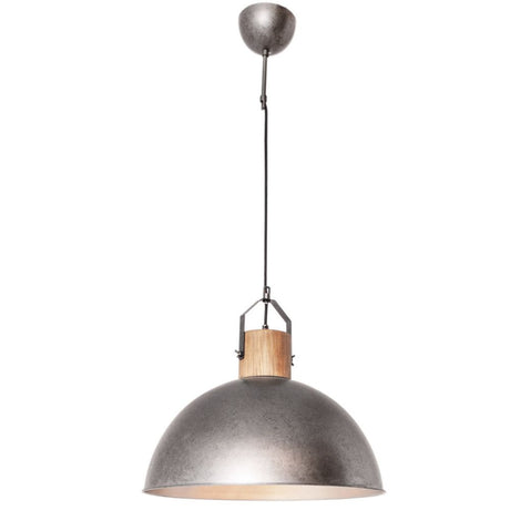 Suspension Buckler Ø 45 cm au style rétro avec abat-jour couleur argent antique et détails en bois.