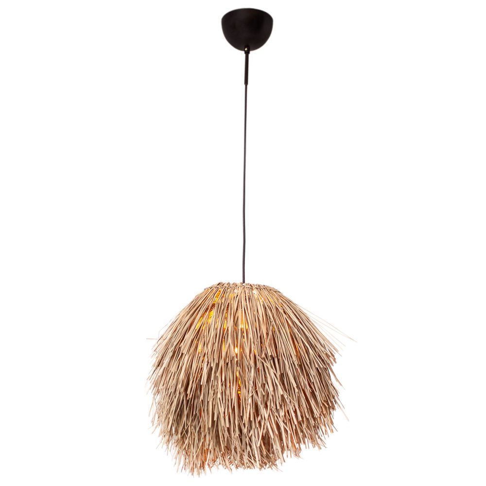Hängeleuchte Bali aus echtem Bambusstroh, schwarze Textilkabel, exotisches Design für gemütliches Licht.