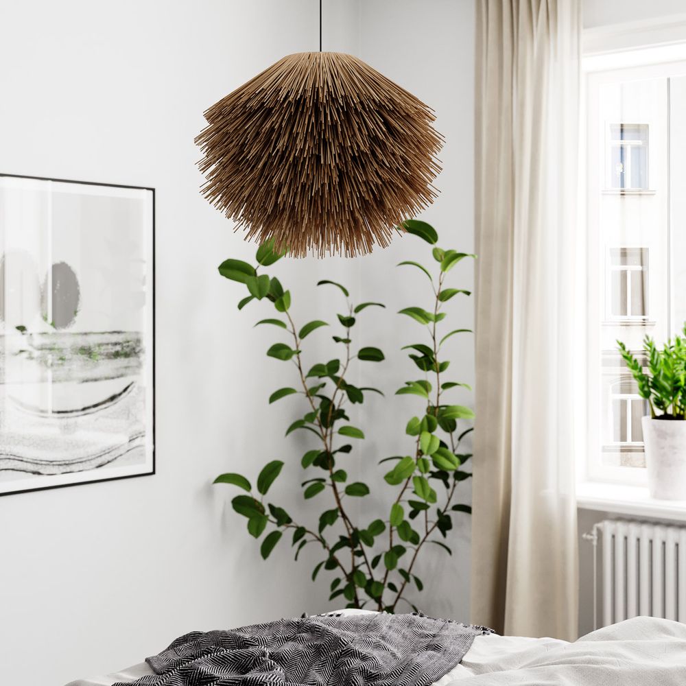 Bali Hängeleuchte aus Bambusstroh, exotisches Design für gemütliches Licht im Wohnraum.