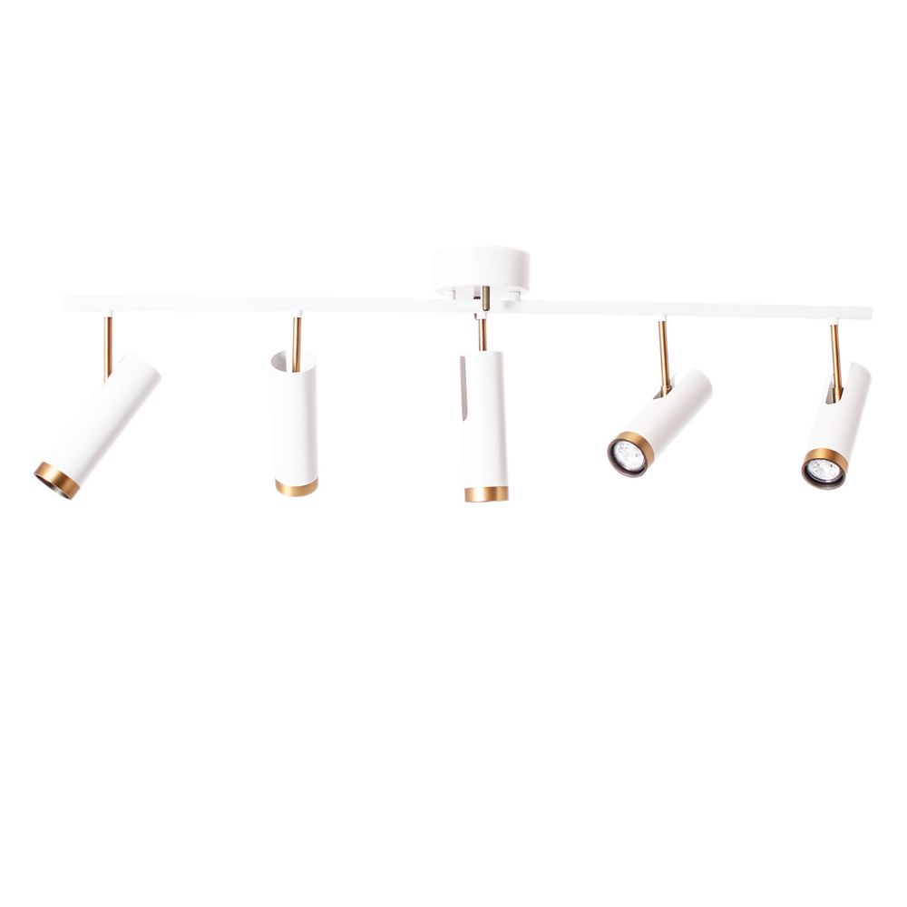 Deckenstrahler Puls 5-flammig - elegante Deckenleuchte mit fünf Strahlern in mattweiß und goldfarbenem Metall.