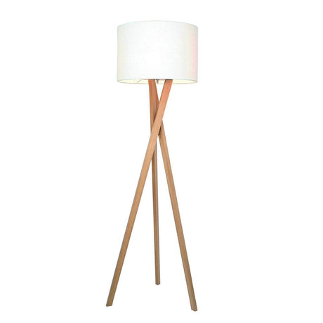 Tripod floor lamp Vega 160cm oak with white lampshade and light oak tripod stand.