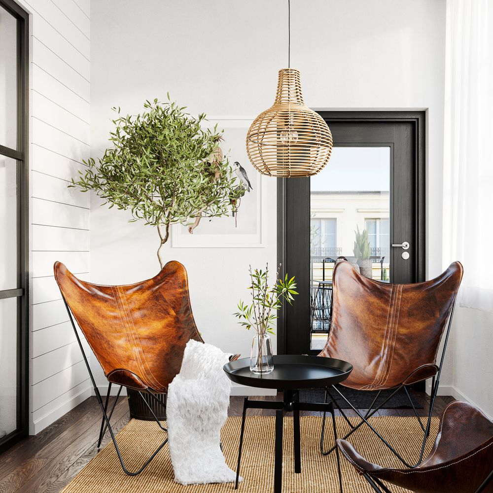 Granada Pendelleuchte aus Rattan in modernem Wohnzimmer mit gemütlicher Atmosphäre