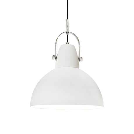 Suspension Hoop Ø 38 cm en blanc avec poignée chromée et lumière dirigée, idéale pour la table de cuisine.