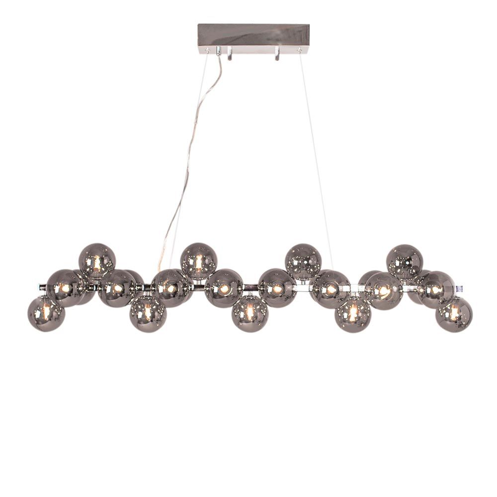 Pendellampe Splendor Bar 124 cm med 24 glaskuler og forkrommet oppheng, ideell for spisestue eller konferansebord.