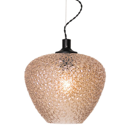 Suspension en verre structuré Mabeo Ø 29 cm ambré avec verre à motif et câble textile noir.