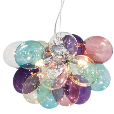 Lampada a sospensione Gross Ø 30 cm multicolore con sfere di vetro colorate e cavi in acciaio regolabili dal design moderno.
