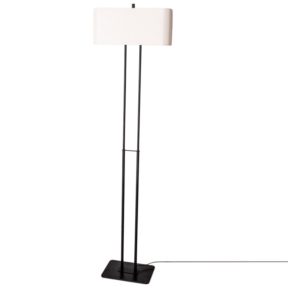 Luton Stehleuchte Weiß mit schwarzem Metallfuß und weißem Leinenschirm, modernes Design für jedes Zuhause.