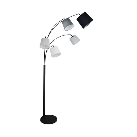 Foggy 5-light floor lamp, 200 cm, with five different lampshades in various colors and sizes.
