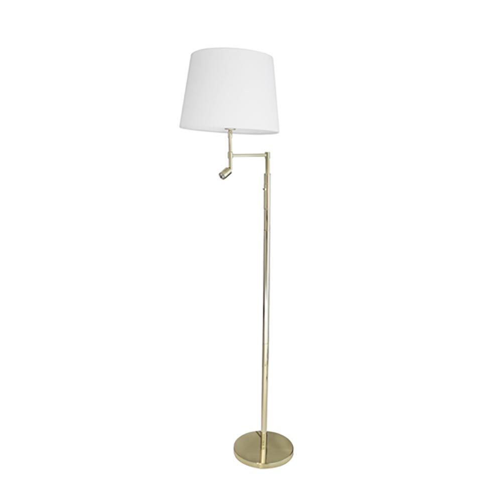 Golvlampa Orlando 138 cm med LED-läslampa, elegant golvlampa med vit skärm och justerbar LED-arm.