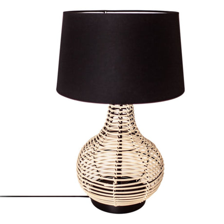 Table lamp Granada made of rattan with a black cotton shade and woven rattan base.