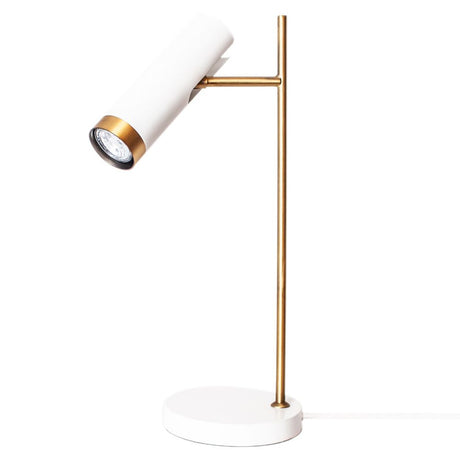Table lamp Puls White with adjustable head in matte white and gold-colored details on a gold-colored metal frame.
