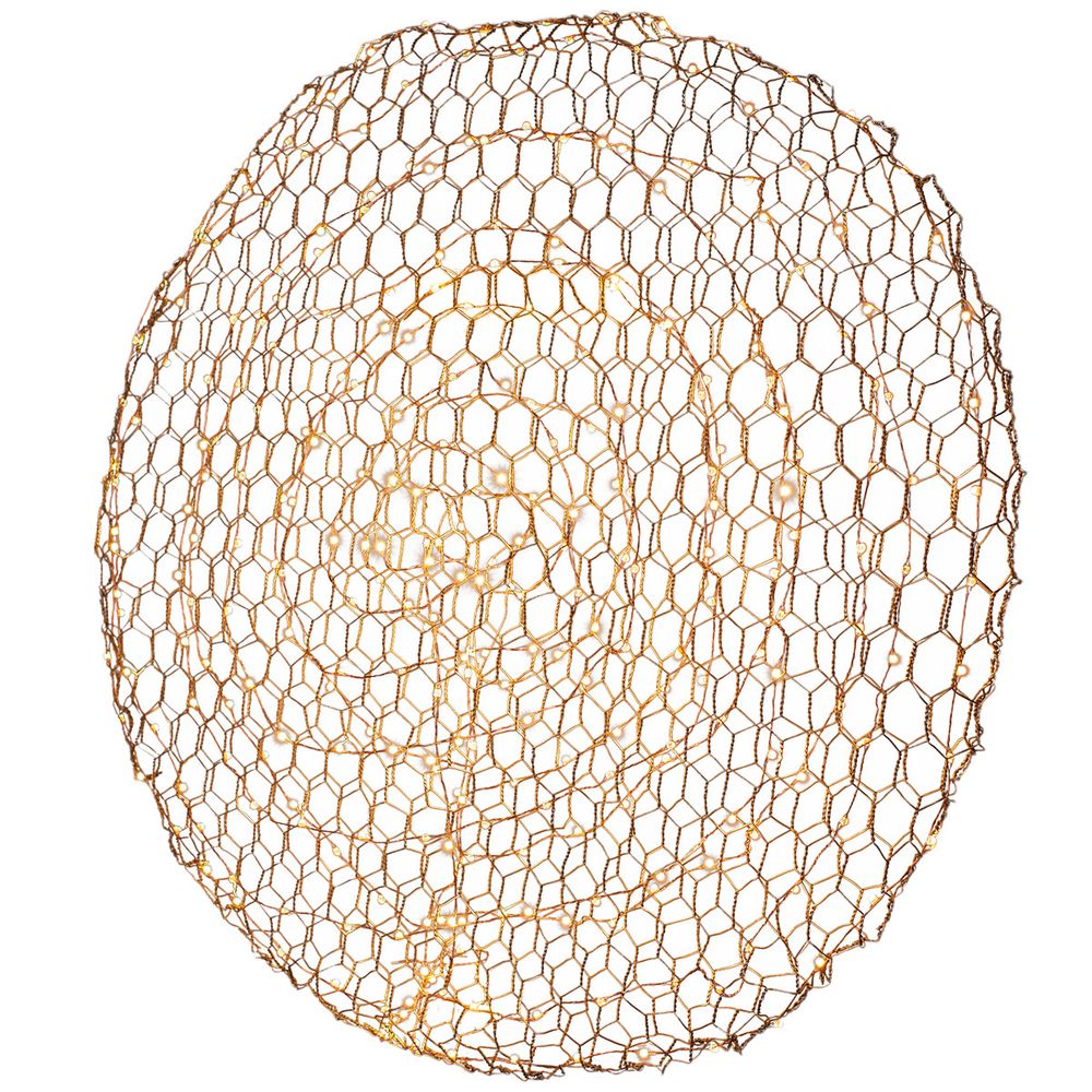 Runder Metallkorb aus Draht in goldener Farbe, ideal als Wanddekoration oder dekoratives Element.