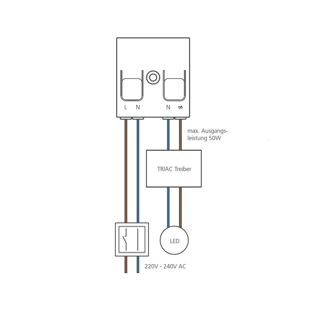 Schema des Casambi TED Modul Controllers für Phasenabschnitt Leuchten und Anschlüsse.