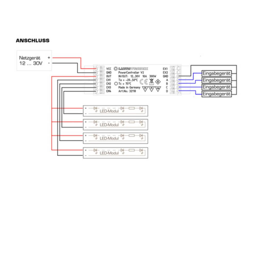 Anschlussdiagramm für Casambi V2 Modul Power Controller Pulsweitenmodulation LED-Strips.