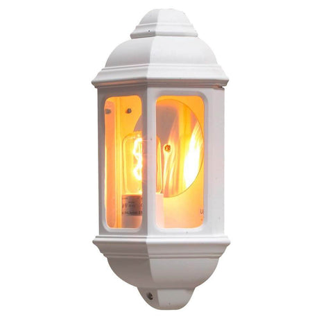 Cagliari zewnętrzna lampa ścienna Biała, przezroczyste szkło z ciepłą poświatą światła w eleganckim designie.