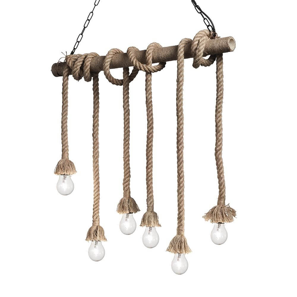 Canapa Seil hängande lampa 6-armad brun med naturhampasnöre och skandinaviskt design.