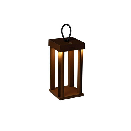 Cannes Outdoor USB-Laterne IP54 in Rostfarben, dimmbar, elegante Akkuleuchte mit Griff, 42cm hoch.