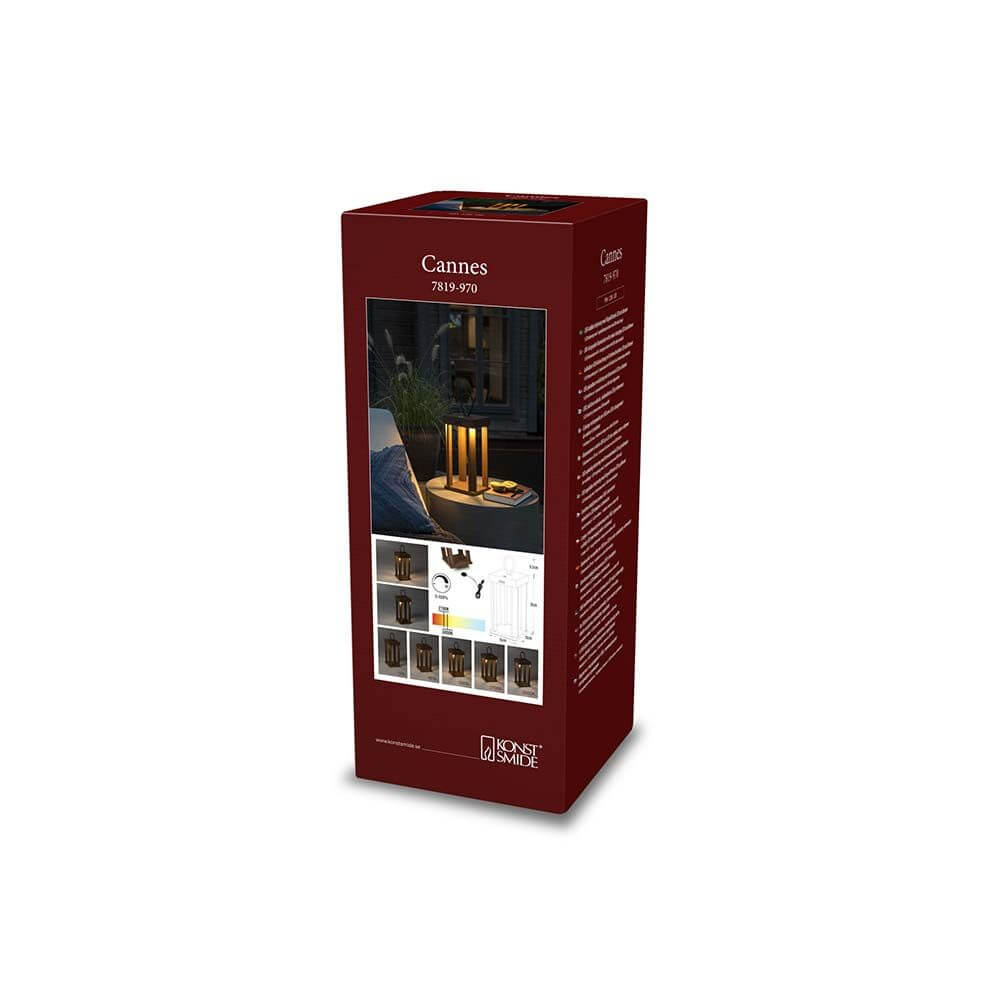 Cannes Outdoor USB-Laterne IP54 Verpackung mit Abbildung der Akkuleuchte und Farbauswahl in Schwarz und Rostfarben.