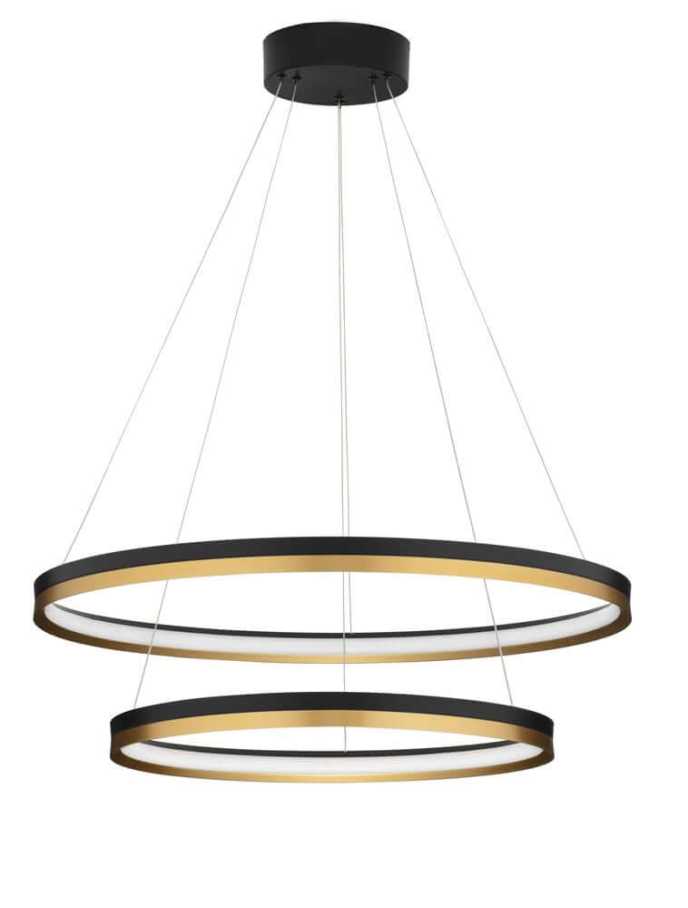 Cantria LED Pendelleuchte 2-flammig Ø 80cm 3000K Schwarz, Gold mit zwei LED-Leuchtringen in modernem Design.