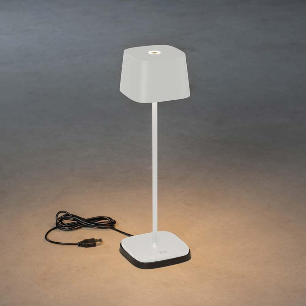 Capri USB-Tischleuchte IP54 in Weiß mit dimmbarem Licht und wechselbarer Lichtwärme, USB-Anschluss.