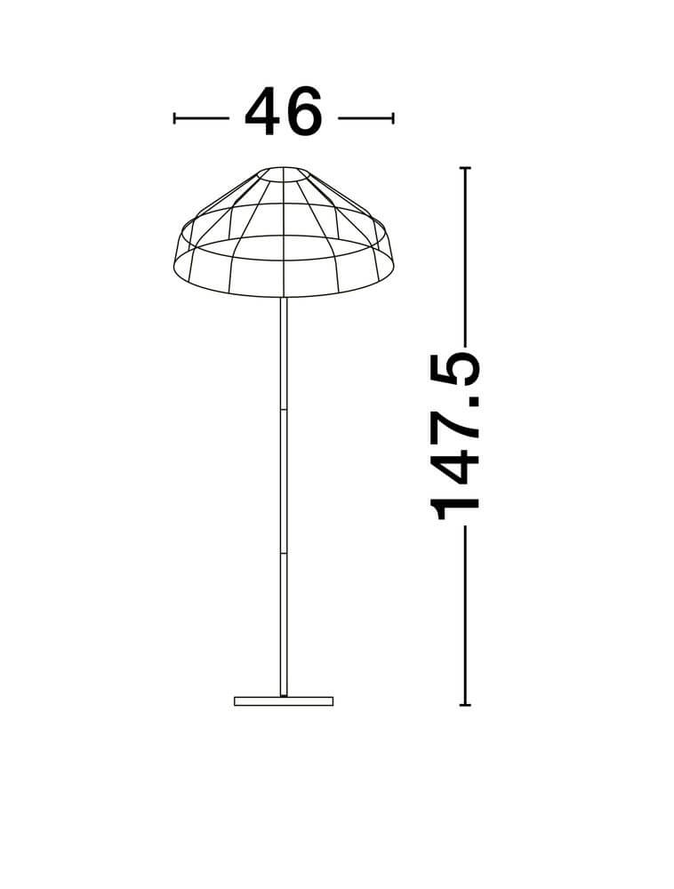 Caro Stehlampe Schwarz, Braun Maßzeichnung mit 147,5 cm Höhe und 46 cm Lampenschirm-Durchmesser.