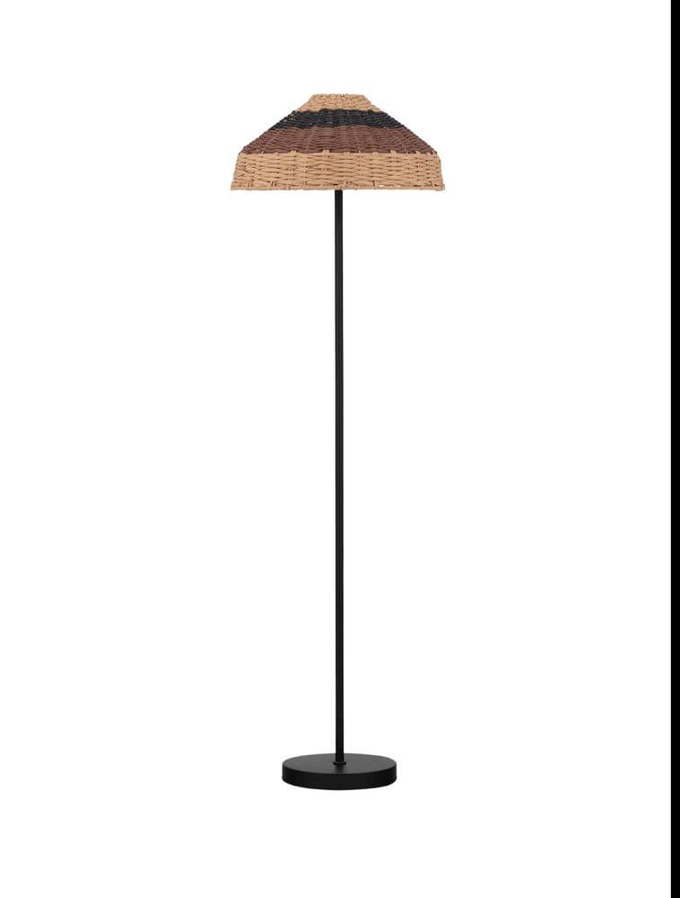 Caro Stehlampe Schwarz, Braun mit skulpturalem Design und natürlichem Lampenschirm.