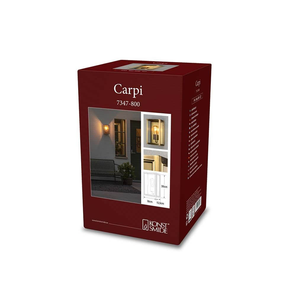 Carpi Wandleuchte Stahl IP44 Verpackung mit Bildern der Lampe und Spezifikationen.