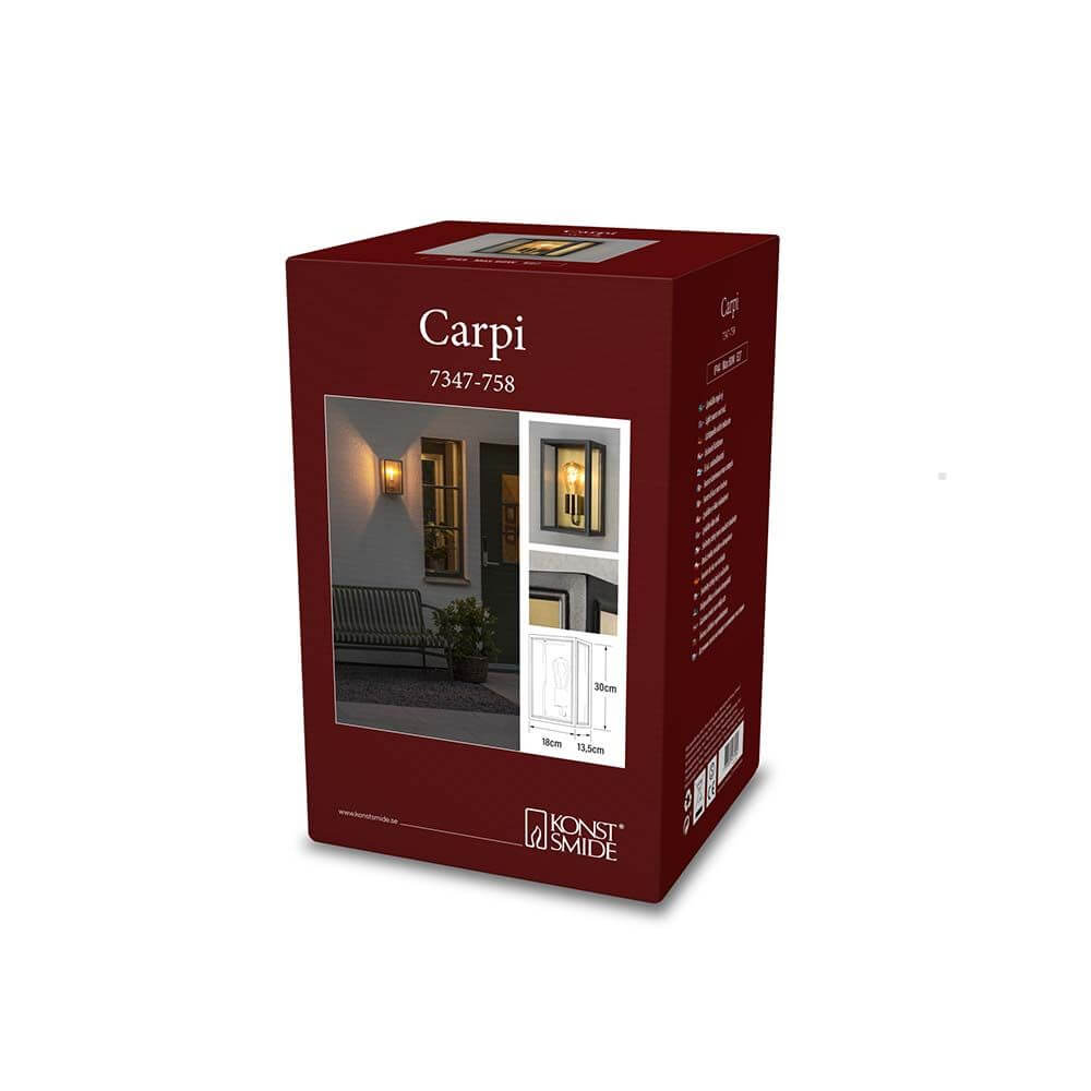 Produktverpackung der Carpi Wandleuchte Stahl IP44 mit Bildern und Spezifikationen.