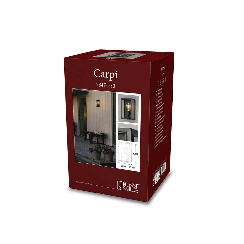 Carpi Wandleuchte Stahl IP44 Verpackung mit klarer Glasleuchte und Metall in verschiedenen Farben.