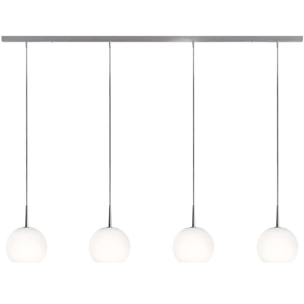 Casablanca Esstischlampe Ball 4-flammig mit vier pendelnden opal-weißen Glasschirmen und elegantem Metallgestell.