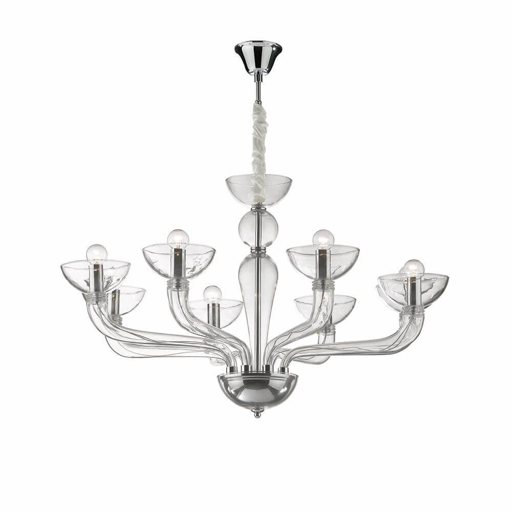 Candelabro in vetro soffiato Casanova 90cm cromo, trasparente con dettagli metallici e sfere di vetro trasparente.