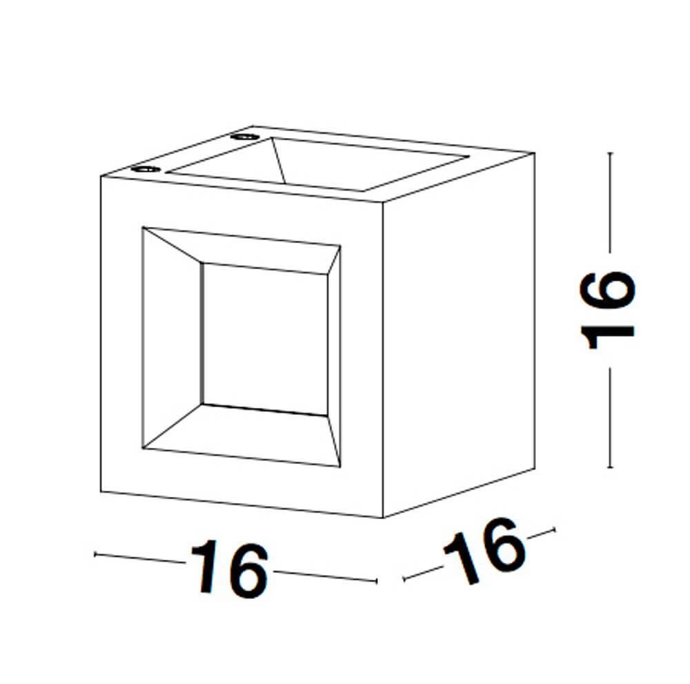 Detailzeichnung der Castro Außenwandleuchte E27 Würfel IP65 mit den Maßen 16x16x16 cm.