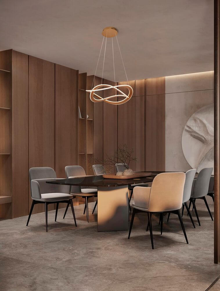 Celestia LED Pendelleuchte 2-flammig Ø 60cm 3000K in modernem Esszimmer mit Holzdetails.