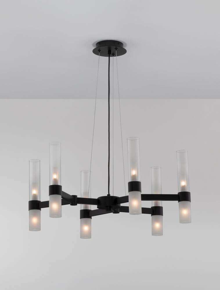 Century Pendelleuchte 12-flammig Ø 70cm Schwarz, Transparent über einem modernen Raum.