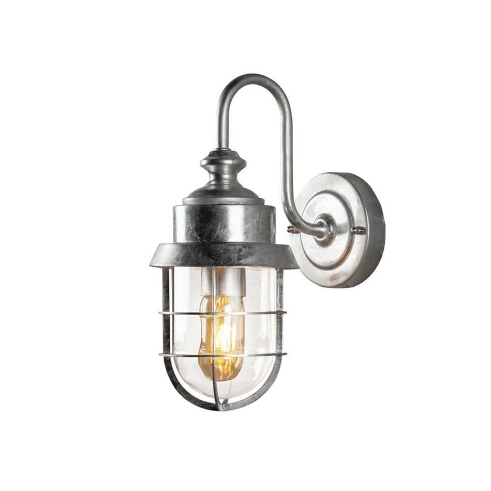 Cerignola Außen Wandleuchte im Vintage-Stil aus zinkfarbenem galvanisiertem Stahl mit Glaskörper.