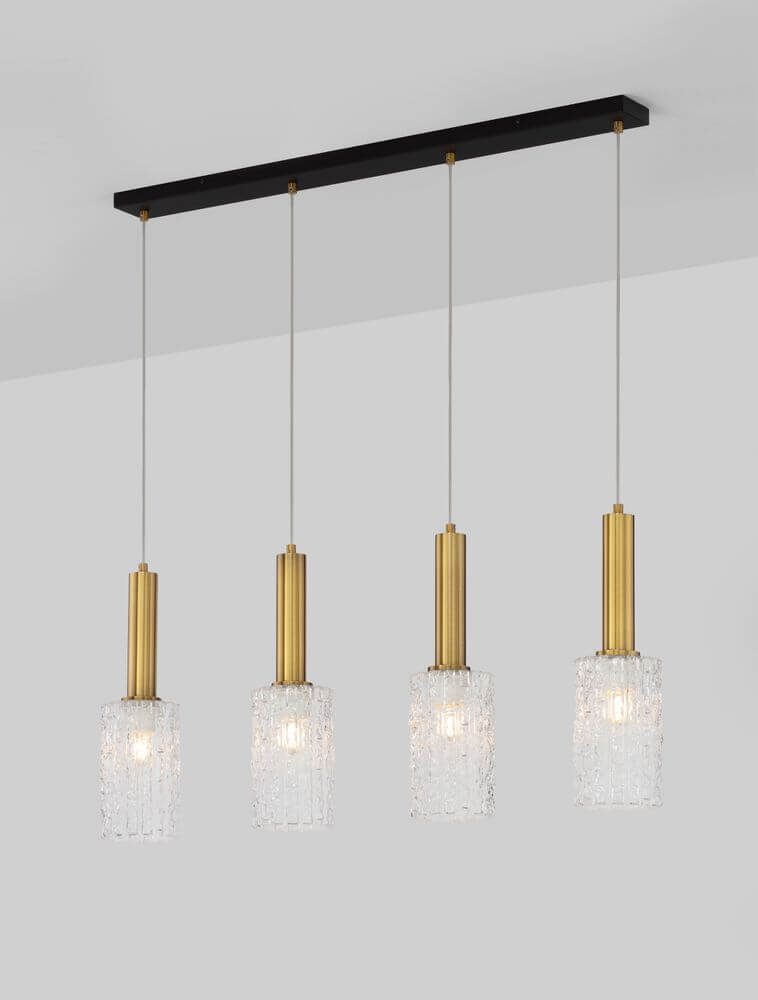 Certa Pendelleuchte 4-flammig Schwarz, Gold mit eleganten Glaskörpern und goldenen Akzenten.