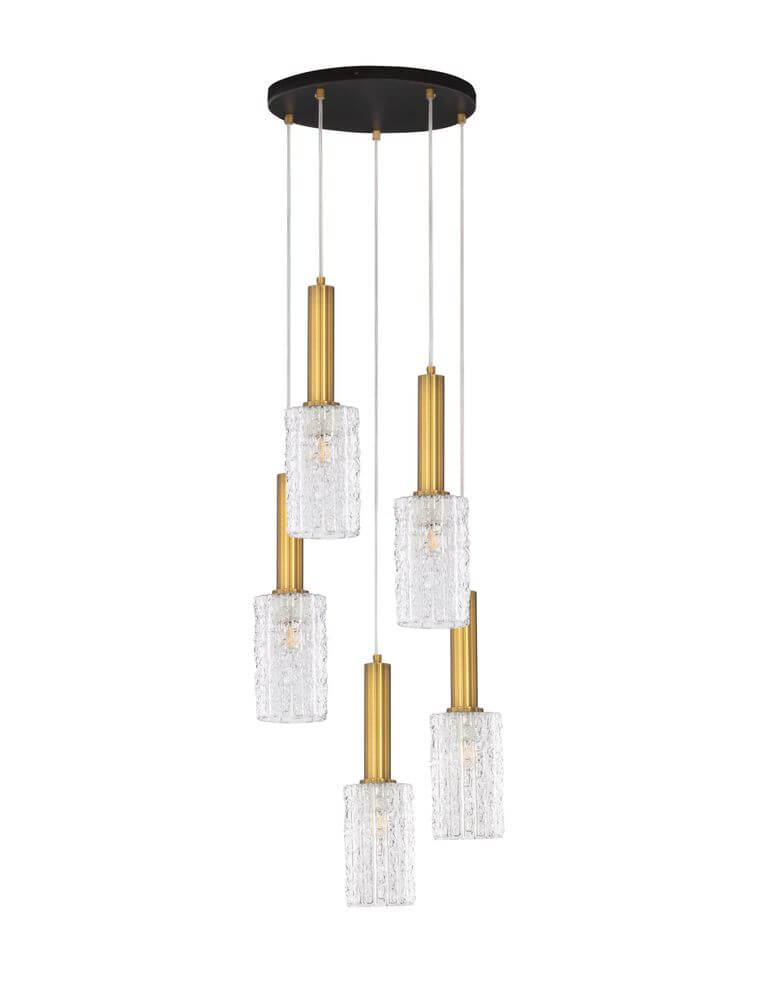 Certa Pendelleuchte 5-flammig Ø 35cm Schwarz, Gold mit fünf Klarglas-Schirmen und goldenen Details