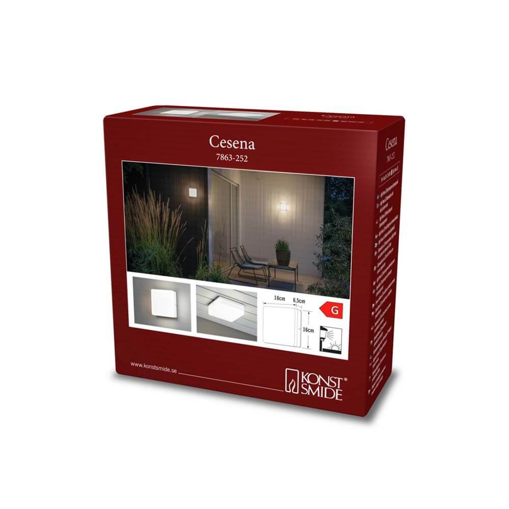 Verpackung der Cesena LED Wand- & Deckenleuchte inkl. Dämmerungssensor von Konstmide.