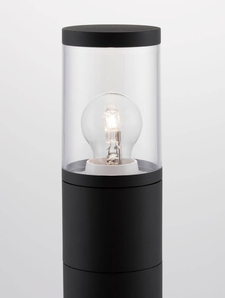 Cetera Außenpollerleuchte Schwarz IP54 in modernem Design mit durchsichtigem Lampenschirm.