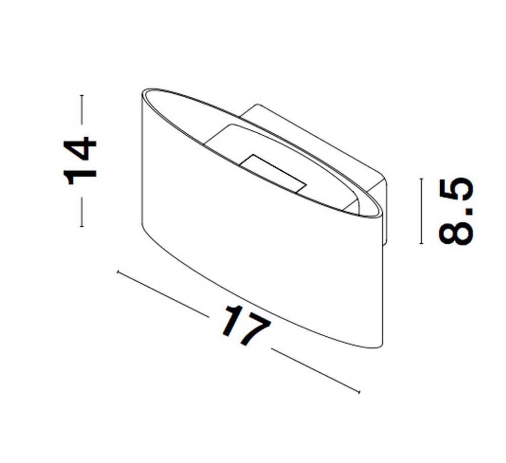 Maßzeichnung für die Chez LED Außenwandleuchte Oval 3000K Weiß IP54 mit den Abmessungen 17x14x8.5 cm.