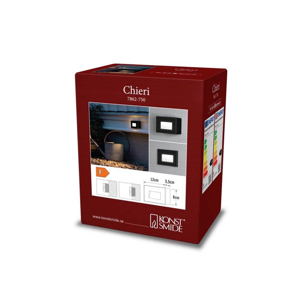 Chieri LED Außen Wandleuchte Verpackung mit Produktdetails und Abmessungen auf rotem Hintergrund