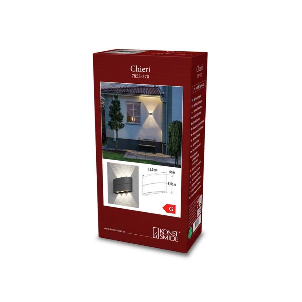 Chieri LED Außenwandleuchte Verpackung mit technischem Detail und Farbauswahl für Außenbereich Beleuchtung.