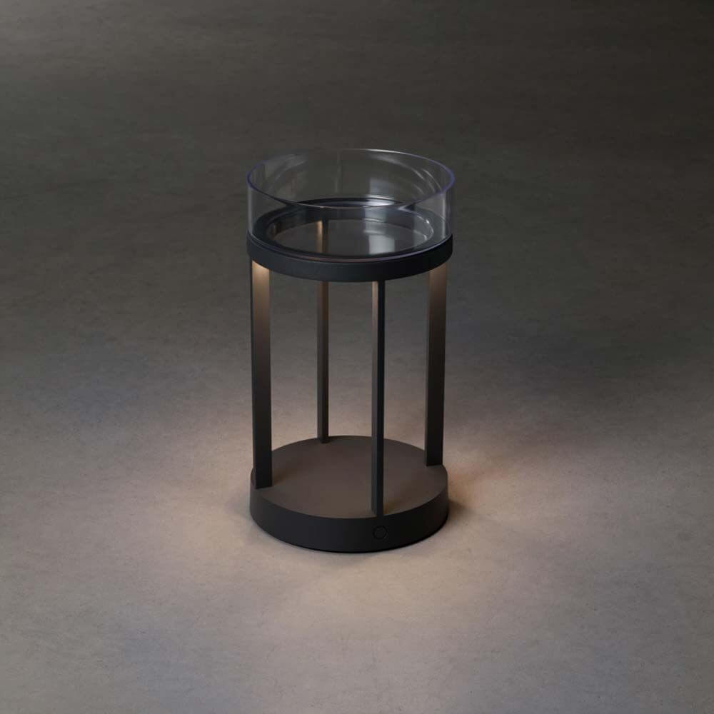 Chieti LED Akku Laterne IP54 in Schwarz mit dimmbarem Licht und modernem Design.