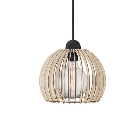 Chino 25 Pendelleuchte mit Stoffkabel Holz im grafischen Design und Holzlamellen.